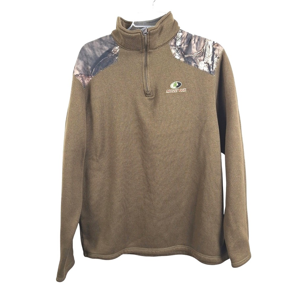Mossy Oak Mens XL Brown Quarter Zip Fleece Pullover Camo Shoulder  Sweater
